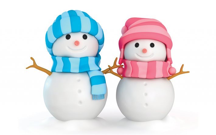 雪だるま, 4k, 3d雪だるま, ピンクスカーフ, 青いスカーフ