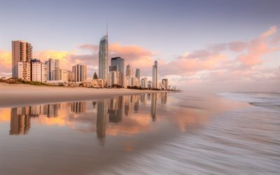 Brisbane, praia Surfers Paradise, Queensland, Gold Coast, manh&#227;, costa, nascer do sol, horizonte da Gold Coast, Austr&#225;lia