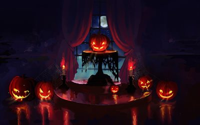 Halloween Pumpkins, October 31, night, autumn holiday, halloween background with pumpkins, creative art, Halloween