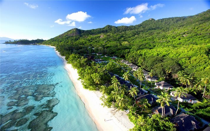 Seychelles, Oceano &#237;ndico, ilhas tropicais, praia, palm, costa, ilha ex&#243;tica, Labriz resort
