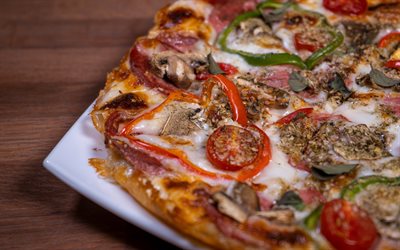 pizza, comida deliciosa, pizza de cogumelos, fundo de pizza, cogumelos