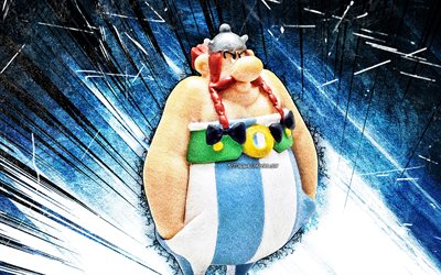 4k, Asterix, grunge art, Asterix the Gaul, blue abstract rays, comic characters, Asterix 4K