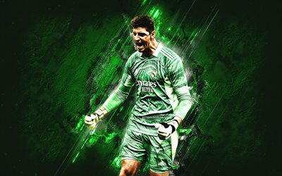 Thibaut Courtois, Real Madrid, Belgian footballer, goalkeeper, green stone background, football, La Liga, Spain