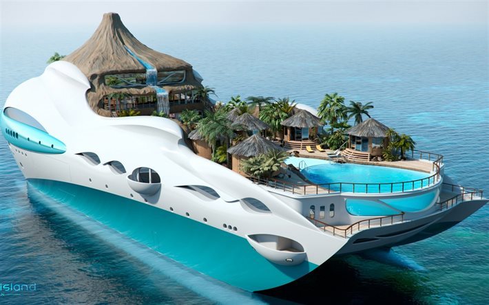 Futura navi, yacht di lusso, tropical island yacht, yacht sea 3d