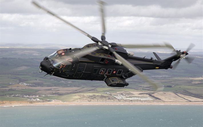 AgustaWestland AW101, military transport helicopter, flying, black helicopter, HH-101A, AW-101