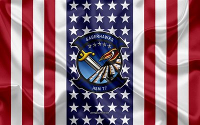 Helicopter Maritime Strike Squadron 77, HSM-77 Saberhawks Emblem, American Flag, US Navy, USA, HSM-77 Saberhawks Badge, US warship, Emblem of the HSM-77 Saberhawks