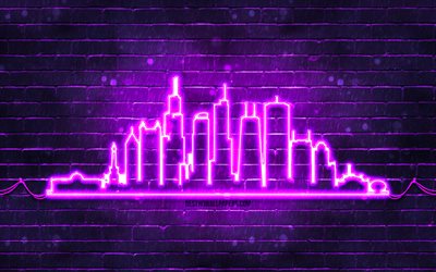 Chicago violet neon silhouette, 4k, violet neon lights, Chicago skyline silhouette, violet brickwall, american cities, neon skyline silhouettes, USA, Chicago silhouette, Chicago