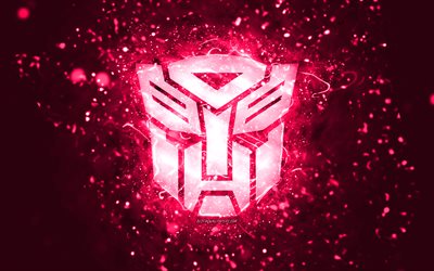 transformers vaaleanpunainen logo, 4k, vaaleanpunaiset neonvalot, luova, vaaleanpunainen abstrakti tausta, transformers-logo, elokuvateatterilogot, transformers