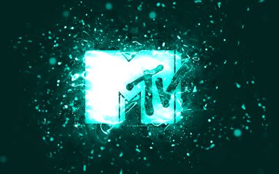 logotipo turquesa de mtv, 4k, luces de ne&#243;n turquesa, creativo, fondo abstracto turquesa, televisi&#243;n musical, logotipo de mtv, marcas, mtv