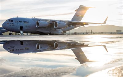 boeing c-17 globemaster iii, aereo da trasporto militare americano, c-17, sera, tramonto, aereo militare, usaf