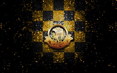 Al-Ahli SC, glitter logo, Bahraini Premier League, yellow black checkered background, soccer, japanese football club, Al-Ahli SC logo, mosaic art, Al-Ahli Club of Manama, football, Al-Ahli Manama FC, Al-Ahli Club