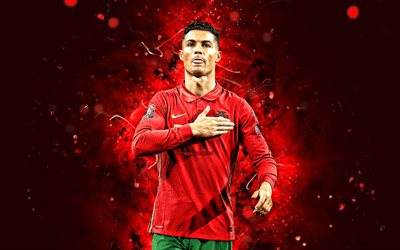 Cristiano Ronaldo, 2022, Portugal National Team, 4k, football stars, red neon lights, soccer, footballers, Portuguese football team, CR7, Cristiano Ronaldo 4K