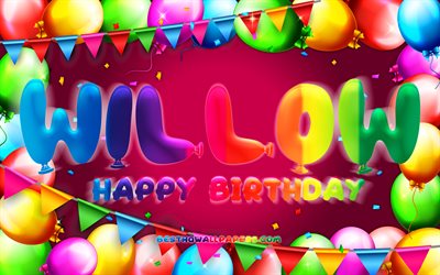 Happy Birthday Willow, 4k, colorful balloon frame, Willow name, purple background, Willow Happy Birthday, Willow Birthday, popular american female names, Birthday concept, Willow