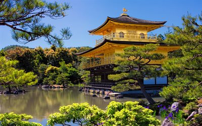 Kinkaku-ji, Rokuon-ji, Deer Garden Temple, Zen Buddhist temple, Golden Pavilion, Kinkakuji, japanese temple, summer, landmark, Kyoto, Japan
