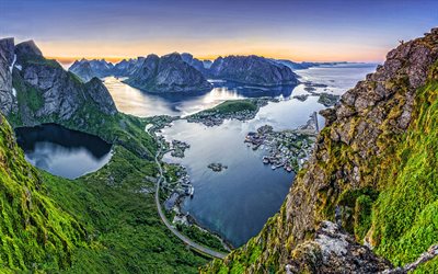 Lofoten, evening, sunset, islands, rocks, mountain landscape, seascape, Norwegian Sea, Norway