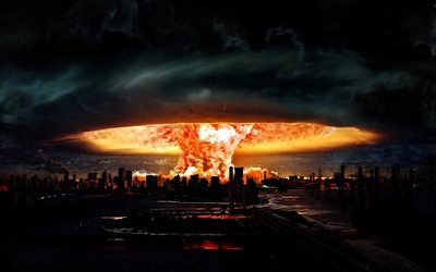 nuclear-explosion, 4k, f&#246;rst&#246;relsen av staden, natt, explosion i staden, atomic bomb, apocalypse, atomic explosion