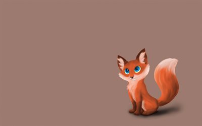 renard de dessin anim&#233;, 4k, minimal, cr&#233;atif, arri&#232;re-plans marron, minimalisme de renard, renard