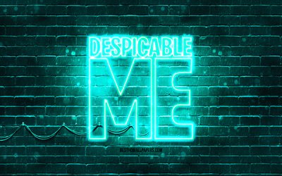 Despicable Me turkoosi logo, 4k, turkoosi tiilisein&#228;, Despicable Me logo, k&#228;tyrit, Despicable Me neonlogo, Despicable Me