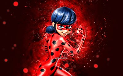 Ladybug, 4k, red neon lights, Miraculous Tales of Ladybug, creative, Miraculous Ladybug, artwork, Ladybug 4K