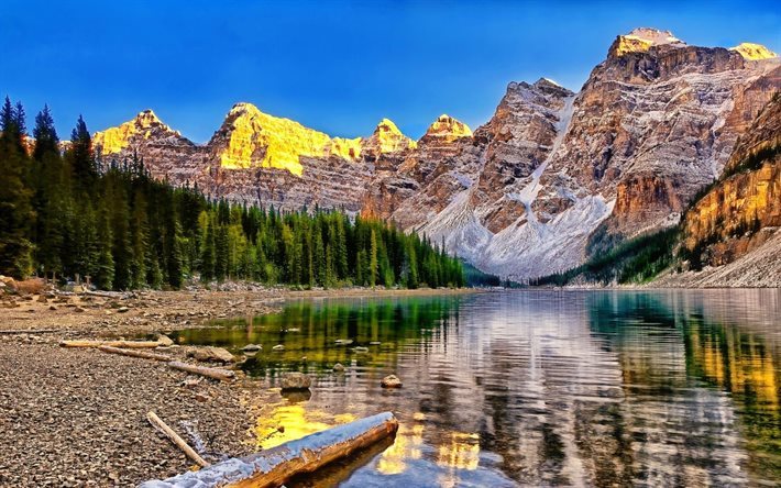 mountain lake, morgon, berg, soluppg&#229;ng, Alberta, Kanada