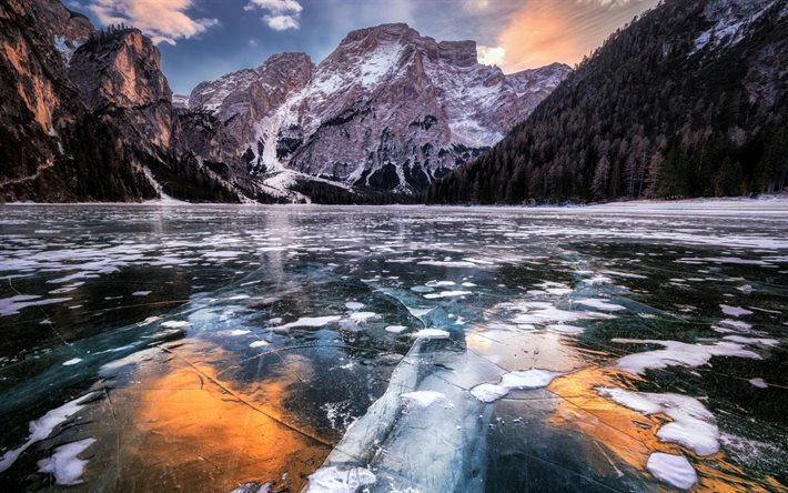 montagnes, coucher de soleil, lac gel&#233;, la glace, paysage de montagne