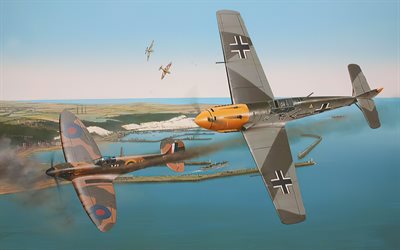 messerschmitt bf109, supermarine spitfire, zweiter weltkrieg, k&#228;mpfer, bf-109, ww2, gezeichnete flugzeuge