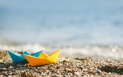 paper boats, travel concepts, summer travel, beach, waves, sea, cruise concepts