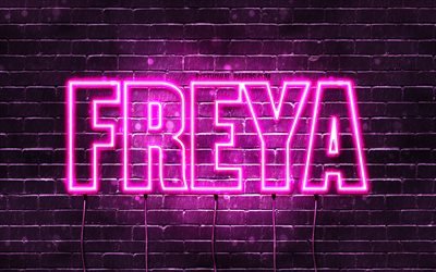 Freya, 4k, wallpapers with names, female names, Freya name, purple neon lights, horizontal text, picture with Freya name