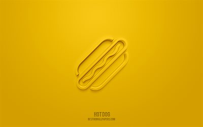 Hot dog 3d icon, yellow background, 3d symbols, Hot dog, fast food icons, 3d icons, Hot dog sign, fast food 3d icons