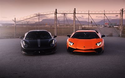 4k, Ferrari 458 Italia, Lamborghini Aventador, LP700-4, supercars, black 458 Italia, orange Aventador, sports cars, Lamborghini, Ferrari