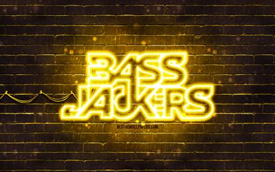 Bassjackers gul logotyp, 4k, superstj&#228;rnor, holl&#228;ndska DJs, gul brickwall, Bassjackers logotyp, Marlon Flohr, Ralph van Hilst, Bassjackers, musikstj&#228;rnor, Bassjackers neonlogotyp