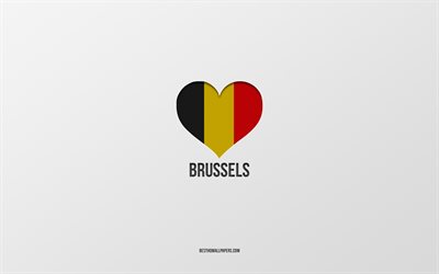 Eu Amo Bruxelas, cidades belgas, Dia De Bruxelas, fundo cinza, Bruxelas, B&#233;lgica, bandeira belga cora&#231;&#227;o, cidades favoritas, Amo Bruxelas