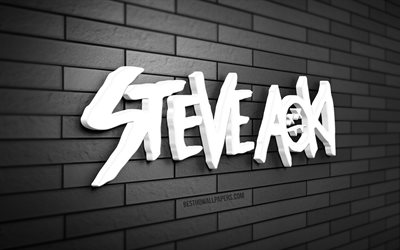 Logo Steve Aoki 3D, 4K, Steve Hiroyuki Aoki, muro di mattoni grigi, creativo, stelle della musica, logo Steve Aoki, dj americani, arte 3D, Steve Aoki