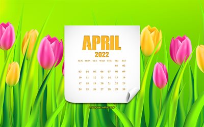 2022 huhtikuun kalenteri, 4k, vaaleanpunaiset tulppaanit, keltaiset tulppaanit, vaaleanpunaiset kukat, 2022 kalenterit, huhtikuu 2022 konseptit, huhtikuu 2022 kalenteri