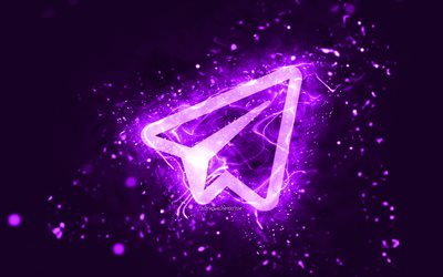 Telegram violett logotyp, 4k, violett neonljus, kreativ, violett abstrakt bakgrund, Telegram logotyp, socialt n&#228;tverk, Telegram