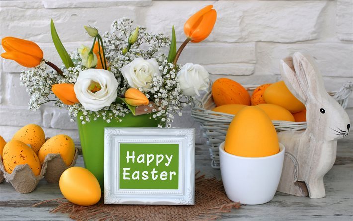 Easter, spring, white roses, bouquet, easter eggs, orange tulips