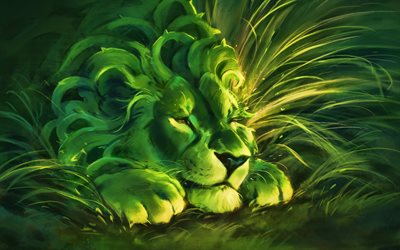 grenn leone, predatore, re delle bestie, fantastica foresta, cartone animato leone, opere d&#39;arte, leone