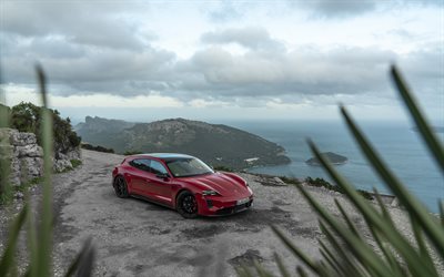 2022, Porsche Taycan GTS Sport Turismo front view, new red Taycan GTS, electric cars, German cars, Porsche