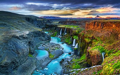 Iceland, canyon, blue river, mountains, cloudy weather, waterfalls, summer, beautiful nature, HDR, Europe