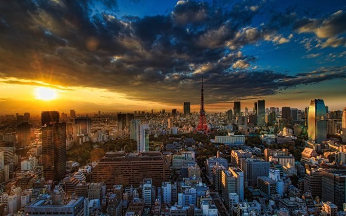 Tokyo, coucher de soleil, paysage, Asie, Japon
