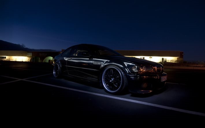 BMW M3, gece, e46, ayarlama, Alman arabaları, siyah m3, BMW