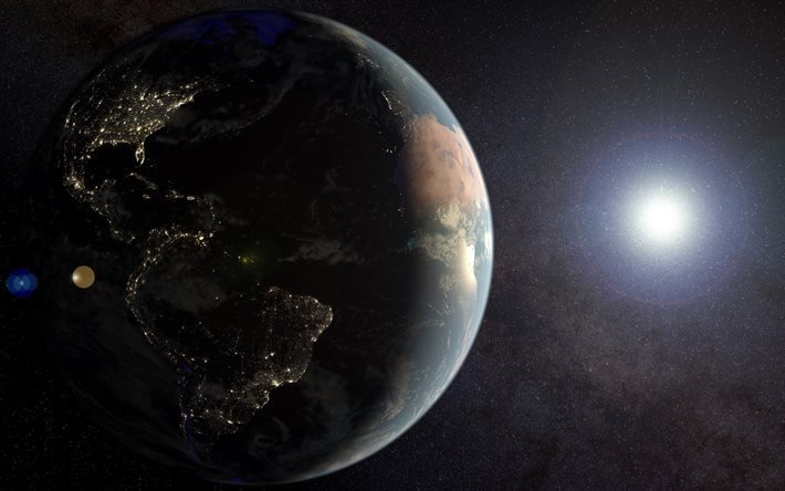 Earth, 4k, night, hemisphere, Sun, cities from space, North America at night, South America at night