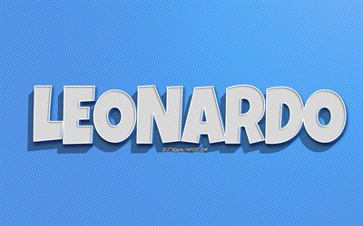 Leonardo, blue lines background, wallpapers with names, Leonardo name, male names, Leonardo greeting card, line art, picture with Leonardo name
