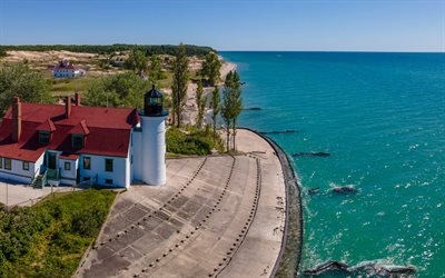 Point Betsie Lighthouse, Lake Michigan, coast, overhead view, lighthouse, Frankfort, Michigan, USA