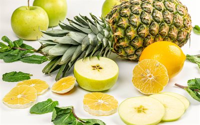 tropical fruits, pineapple, carom, carambola, lemons, apples, healthy food concepts, vitamins concepts