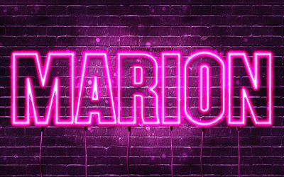 Happy Birthday Marion, 4k, pink neon lights, Marion name, creative, Marion Happy Birthday, Marion Birthday, popular french female names, picture with Marion name, Marion