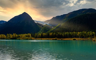 mountain lake, forest, sunset, evening, mountain landscape, beautiful sunset, glacial lake