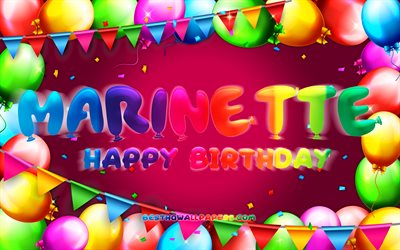 Happy Birthday Marinette, 4k, colorful balloon frame, Marinette name, purple background, Marinette Happy Birthday, Marinette Birthday, popular mexican female names, Birthday concept, Marinette