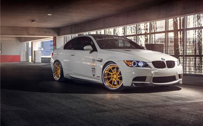 BMW M3, E92, front view, exterior, white coupe, golden wheels, M3 E92 tuning, white M3 E92, German cars, BMW