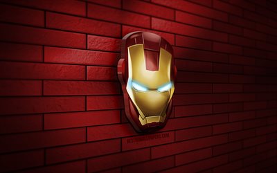 logo iron man 3d, 4k, mur de brique rouge, ironman, cr&#233;atif, super-h&#233;ros, logo iron man, art 3d, iron man